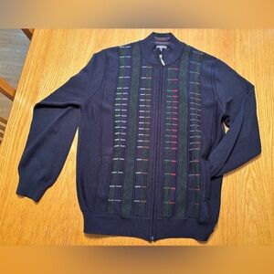 Men's Navy Zip-Front merino wool blend Sweater with Vertical Stripe Detail